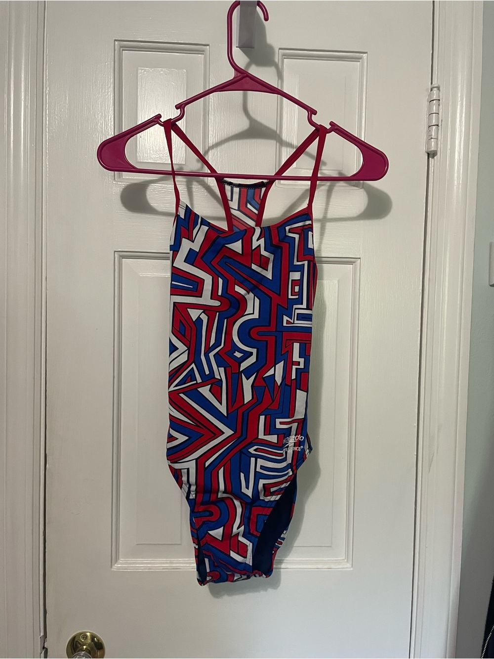 Speedo Women's One-Piece Swimsuit — Red, Blue & White Geometric